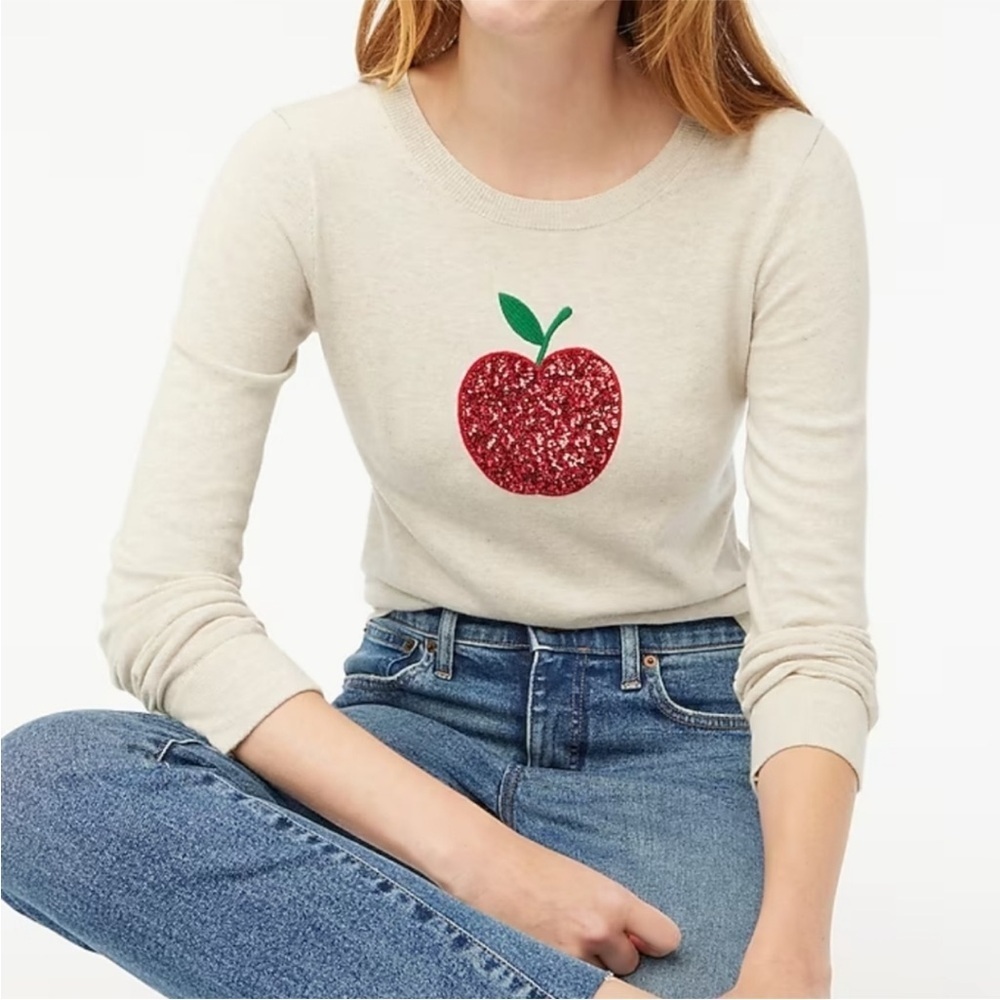 J. Crew Red Sequin Apple Teddie Crew Neck Sweater